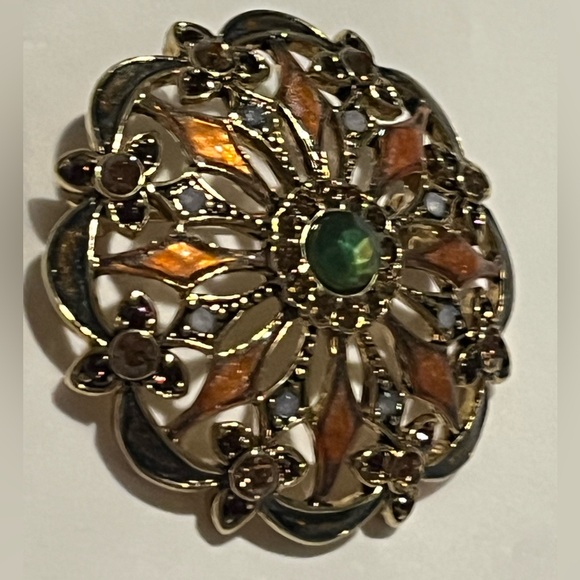 Vintage Monet Gold-Tone and Orange Brooch with Green Center - Picture 6 of 13